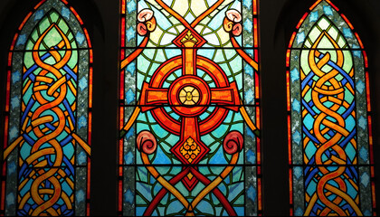 Stained glass window featuring intricate Celtic designs and vibrant colors, celtic patterns, St. Patrick’s Day
