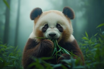 Obraz premium Adorable panda bear sitting in lush green bamboo forest, peacefully enjoying a meal of fresh bamboo leaves in misty morning atmosphere