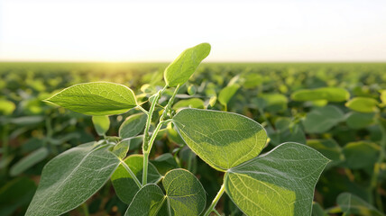 Obraz premium Soy field and soy plants in early morning light, ai technology 