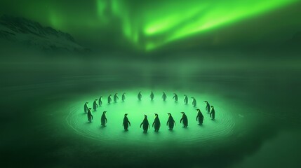 Penguins in a mesmerizing circle under the glowing green northern lights on a tranquil icy landscape during night