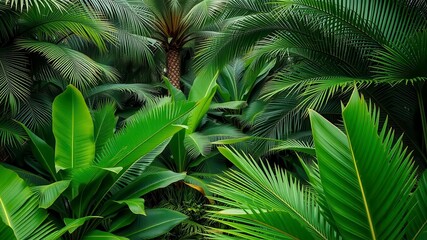 Tropical palm leaves in vibrant green hues, with intricate patterns and textures, tropical paradise, botanical garden, nature