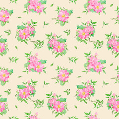 Bouquet of pink flowers framed by green leaves and twigs on seamless pattern. Watercolor digital illustration. Water lily and gypsophila twigs isolated on white background. Botanical illustration