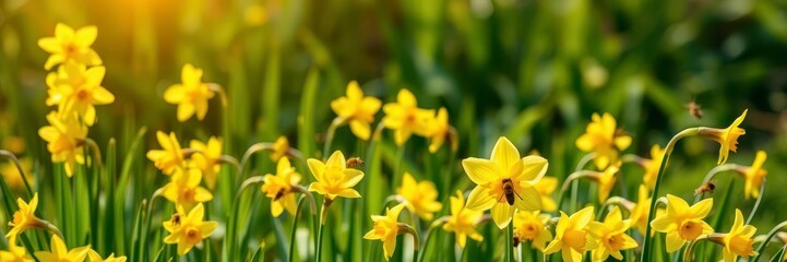 Obraz premium Vibrant daffodil flowers blooming in a sunlit field with bees buzzing around, yellow, growth, vibrant