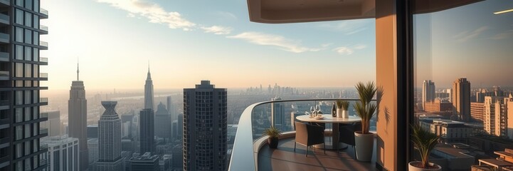 Obraz premium Modern and luxurious apartment with large windows, balcony, and rooftop garden in a high-rise condo building, high-rise, modern, real estate