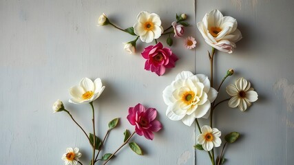 Fototapeta premium Vintage style artificial flowers wall background with a variety of colors and textures, perfect for adding a touch of elegance to any design project, flowers, elegance, design