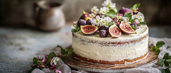Cake decorated with figs, white flowers, and green leaves..