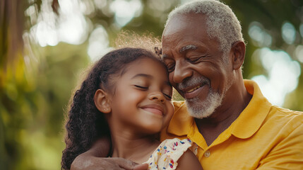 A happy grandfather and granddaughter share a love and hug, joyful relationship, family togetherness in a cheerful outdoor setting, grandparent and grandchild bonding.