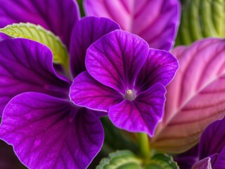 Purple flower petals and leaves in various shades of violet, with delicate veins and a rich, velvety texture, flower, violet