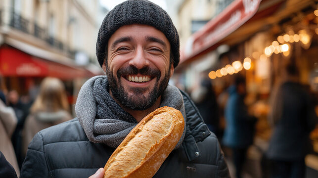Happy frenchman eating baguette, smiling man with traditional french bread, cheerful parisian showcasing national food culture and lifestyle.
