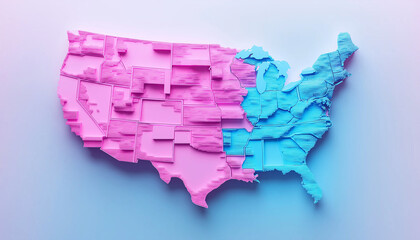 United States map with individual states as colorful 3D blocks, modern infographic design. Pastel pink and blue color scheme highlighting geographical divisions, perfect for data visualization 