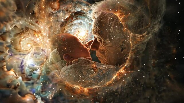 A poetic visualization of the cycle of life and death intertwined with the vastness of the universe.