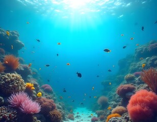 Fototapeta premium Vibrant coral reef scene with diverse marine life in clear blue waters.