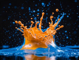 Dynamic splash of vibrant orange and blue paint droplets captured mid-air against a contrasting...