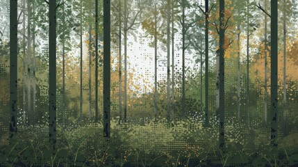 Obraz premium A serene forest scene with tall trees and a soft, muted color palette reflecting nature's tranquility.