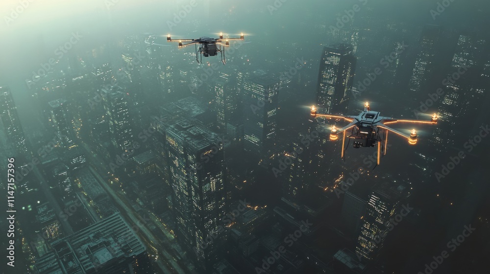 Fototapete automated drones controlled by ai soaring over a modern cityscape at dusk, delivering goods and moni