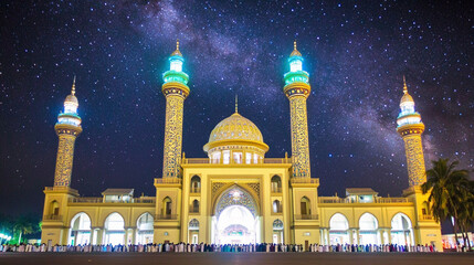 A grand mosque illuminated under a starry night sky, showcasing intricate architecture.