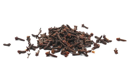 Dry cloves pile, Syzygium aromaticum, isolated on white, side view