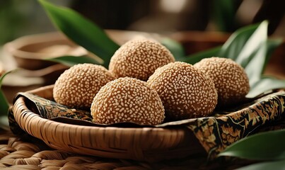 Delicious sesame balls in a woven basket.