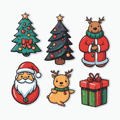 Deer and tree, Santa Claus and Gift box Christmas Stickers vector style with White background Art & Illustration