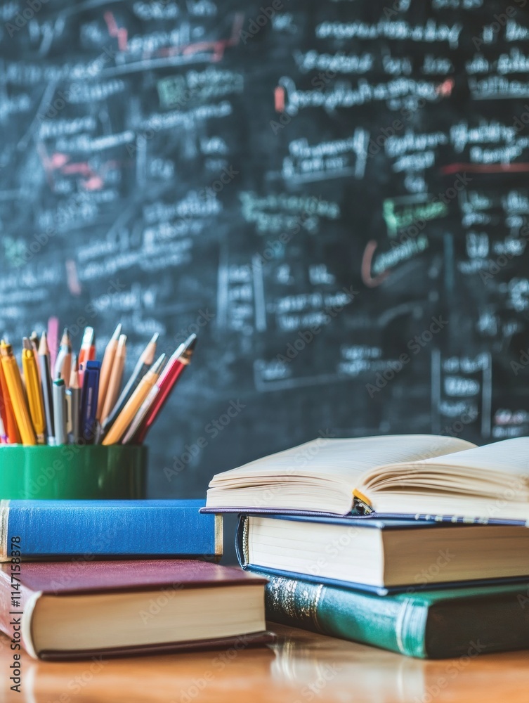 Poster colorful stationery and books arranged on a desk with a blackboard in the background for educational