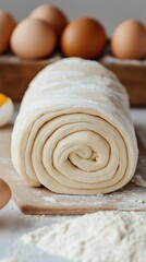 puff pastry rolled up, eggs in the background, close-up