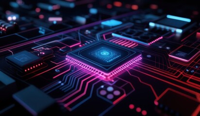 a close up of a computer circuit board with a glowing chip