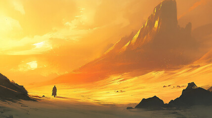 A lone figure walks through a vast, golden desert landscape with a towering mountain in the distance. © yaz.monroe