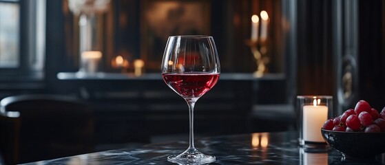 Elegant Red Wine Glass on Marble Table in a Luxurious Setting.