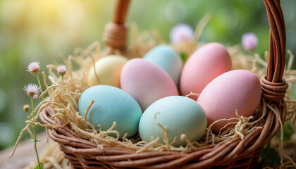 Fototapeta premium A set of Easter-themed pastel-colored eggs in a rustic wicker basket, surrounded by hay and wildflowers. Soft lighting with a cozy spring feel