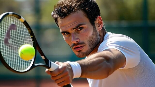 Focused tennis player striking forehand shot on court, intense sports action concept