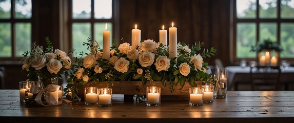 Rustic Romance:  Candlelight and white roses create an enchanting centerpiece, bathed in the warm glow of a wooden table, perfect for a romantic evening.