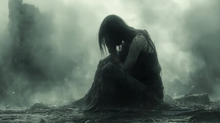 Dark and atmospheric silhouette of a seated figure in misty ruins with dramatic lighting and somber tones
