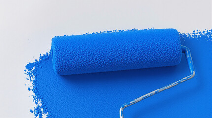 Obraz premium Blue Paint Roller Painting a White Wall with Blue Paint