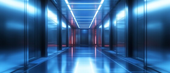 Fototapeta premium Futuristic neon-lit corridor with reflective floor.