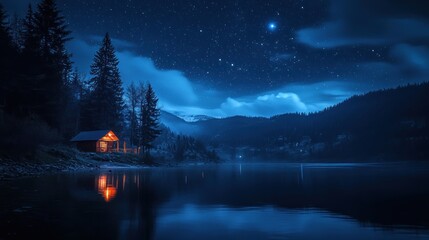 Fototapeta premium Night cabin by lake under starry sky.