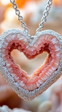 Heart-shaped pink geode pendant with intricate crystal details on a silver chain, close-up, AI