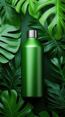 Green metallic bottle surrounded by vibrant tropical leaves, emphasizing eco-friendly design, AI