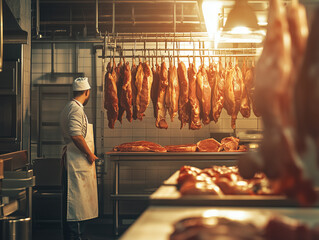 Worker observes hanging cuts of meat in bustling kitchen environment during evening hours
