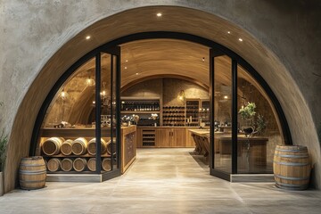 Wine cellar with wooden barrels and tasting room inviting guests