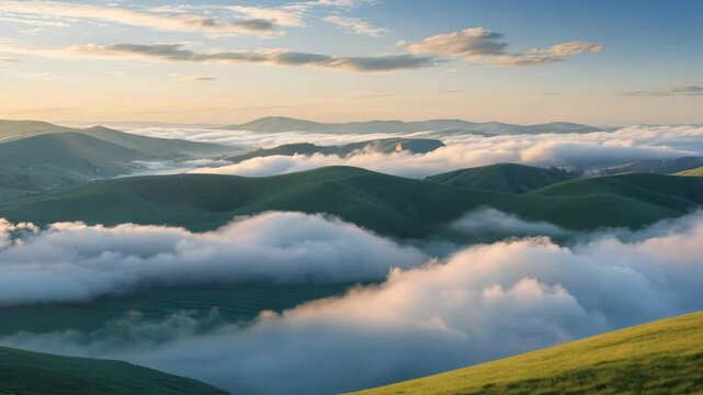 Morning fog landscape green mountain, hills in the background