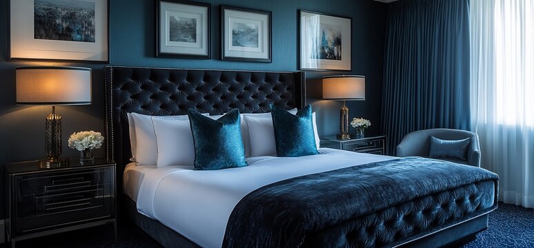 Luxurious hotel bedroom with king-size bed, dark blue color scheme, and elegant decor.