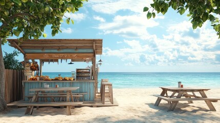 Beachfront snack shack with tables, under shade.