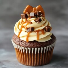 Caramel chocolate cupcake with frosting and candy.