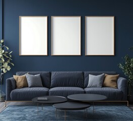Modern living room with navy blue sofa, three frames, and coffee tables.