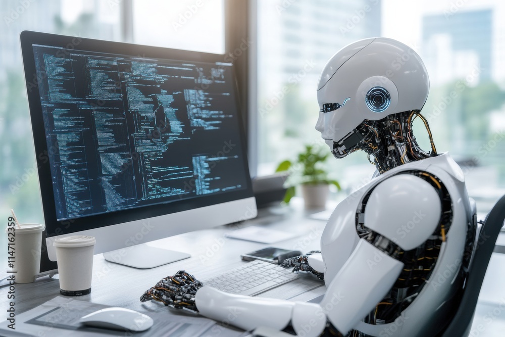 Poster Collaboration between human and AI in a modern office setting enhances productivity and innovation. Generative AI