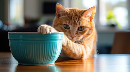 Ginger cat paws at a teal bowl. AI.