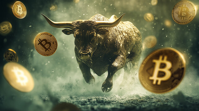 ビットコインと黄金のブルの力強いシーン