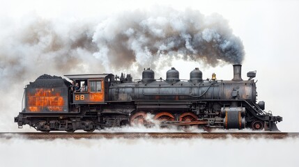 Naklejka premium Vintage steam locomotive in motion, emitting thick smoke against a white background.