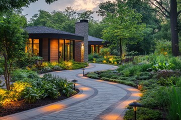 Winding garden path leading to modern home at dusk with landscape lighting