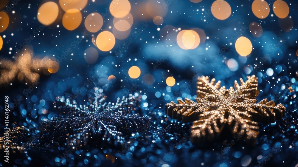 Poster golden snowflake shining on glittering background during snowfall